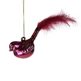 Glass hanger bird w. feather, purple
