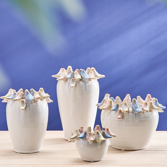 Vase w. birds, white, stoneware