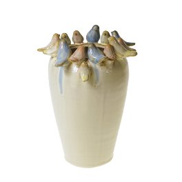Vase w. birds, white, stoneware