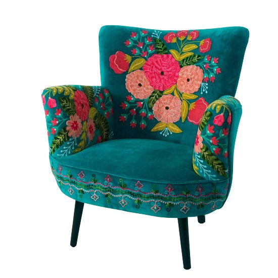 Armchair Flora, petrol, hand embroidered