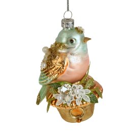 Glass hanger birdy in basket, multicoloured